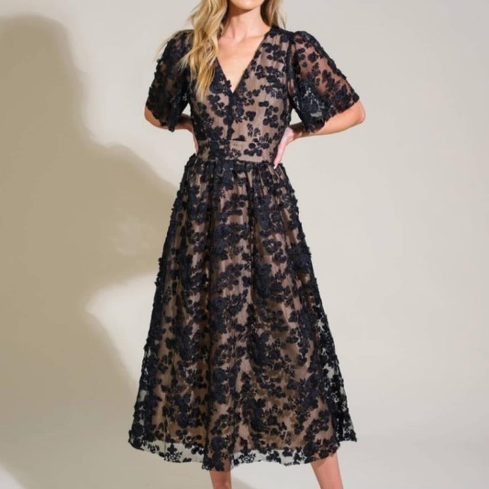 Flying Tomato Black Floral Lace Midi Dress